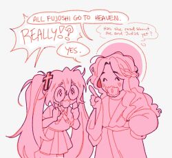  1boy 1girl ahoge beard blush captainharlock christianity closed_eyes coke-bottle_glasses collared_shirt confessions_of_a_rotten_girl_(vocaloid) cross_hair_ornament english_text facial_hair fujoshi glasses hair_ornament hatsune_miku index_finger_raised jesus long_hair open_mouth robe school_uniform shirt short_sleeves simple_background sketch skirt smile sparkling_eyes the_bible twintails very_long_hair vocaloid white_robe white_shirt 