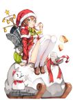  1girl absurdres battleship_girl blue_eyes boqboq breasts brown_hair hat highres looking_at_viewer original santa_costume santa_hat sleigh small_breasts snowman solo thigh-highs 