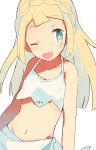  1girl ;d alternate_eye_color bangs bare_arms bare_shoulders bikini blonde_hair blue_eyes blunt_bangs braid bright_pupils collarbone eyebrows_visible_through_hair flat_chest french_braid groin highres lillie_(pokemon) long_hair looking_away looking_to_the_side mizuyou navel one_eye_closed open_mouth pokemon pokemon_(anime) pokemon_(game) pokemon_sm pokemon_sm_(anime) sarong simple_background smile solo sparkle swimsuit upper_body white_background white_bikini 