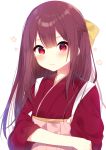  1girl bangs blush closed_mouth flat_chest hair_ribbon hakama half_updo highres japanese_clothes kamikaze_(kantai_collection) kantai_collection kimono long_hair long_sleeves looking_at_viewer mafuyu_(chibi21) pink_hakama purple_hair red_eyes ribbon shiny shiny_hair simple_background smile solo tasuki upper_body white_background wide_sleeves 