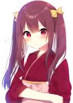  1girl alternate_hairstyle bangs blush bow closed_mouth flat_chest flying_sweatdrops hair_bow hakama highres japanese_clothes kamikaze_(kantai_collection) kantai_collection kimono long_hair long_sleeves looking_at_viewer mafuyu_(chibi21) nervous pink_hakama purple_hair red_eyes shiny shiny_hair sidelocks simple_background solo sweat tasuki twintails twintails_day upper_body white_background wide_sleeves yellow_bow 