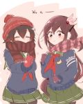  2girls beanie black_legwear brown_eyes brown_hair brown_scarf closed_eyes cowboy_shot crescent crescent_moon_pin earmuffs gradient_hair green_skirt hair_ornament hat itomugi-kun jacket kantai_collection kisaragi_(kantai_collection) long_hair mittens multicolored_hair multiple_girls mutsuki_(kantai_collection) neckerchief pantyhose pink_scarf plaid plaid_scarf pleated_skirt red_neckerchief remodel_(kantai_collection) scarf school_uniform serafuku short_hair simple_background skirt smile standing striped striped_scarf thigh-highs 