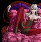  1girl ahoge breasts character_request demon_girl dragon_quest horns lipstick long_hair looking_at_viewer makeup pointy_ears reclining red_eyes silver_hair solo tail 