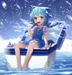  1girl absurdres bare_legs barefoot blue_dress blue_eyes blue_hair cirno dress eating food highres ice ice_wings lo-ta popsicle puffy_short_sleeves puffy_sleeves short_dress short_sleeves sitting sleeveless sleeveless_dress snowing solo touhou watermelon_bar wings 