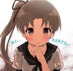  1girl ayanami_(kantai_collection) blush brown_eyes brown_hair chiyingzai finger_to_mouth hair_ribbon kantai_collection long_hair ribbon school_uniform serafuku side_ponytail smile solo torn_clothes translation_request 
