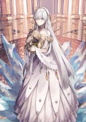  1girl anastasia_(fate) armlet bare_shoulders blue_eyes blunt_ends closed_mouth doll dress expressionless fate/grand_order fate_(series) feet_out_of_frame gold_choker gold_hairband hair_over_one_eye hairband hands_up holding holding_doll ice jewelry long_dress long_hair looking_at_viewer off-shoulder_dress off_shoulder official_art one_eye_covered sime_(echo) solo standing strapless strapless_dress third-party_source variant_set very_long_hair viy_(fate) white_dress 