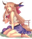  2girls angry bare_shoulders barefoot blue_skirt blush_stickers bow brown_eyes brown_hair crop_top detached_sleeves giantess gourd hair_between_eyes hair_bow hakurei_reimu horn_ribbon horns ibuki_suika japanese_clothes long_hair looking_at_another low-tied_long_hair miko multiple_girls open_mouth pointy_ears ribbon shirt sidelocks sitting size_difference skirt sleeveless sleeveless_shirt torii touhou utopia very_long_hair wariza wrist_cuffs yawning 