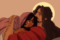  1boy 1girl arm_hair beard black_hair blush brown_hair captainharlock christian_mythology christianity closed_eyes crying dark-skinned_female dark-skinned_male dark_skin facial_hair hug jesus lying mary_magdalene robe tears the_bible white_robe 
