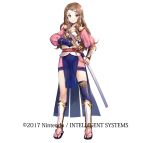  1girl brown_eyes brown_hair company_name fire_emblem fire_emblem_heroes fire_emblem_if fuji_choko full_body headband katana kazahana_(fire_emblem_if) long_hair official_art sandals simple_background solo sword weapon white_background 