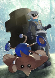  1boy :&lt; absurdres belt black_belt black_gloves cipher_peon closed_mouth gloves grey_helmet grey_pants grey_shirt headstand helmet highres hitmontop male_focus outdoors pants pokemon pokemon_(creature) pokemon_colosseum shirt skrub_(pokemon) smile standing zeroartwo 