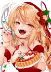  1girl absurdres artist_name bangs bare_shoulders bell blonde_hair blue_nails bow cake dress fangs flandre_scarlet food fork fruit fur_collar gotoh510 hair_bow hat heart highres long_hair looking_at_viewer merry_christmas nail_art nail_polish open_mouth pointy_ears red_bow red_dress red_eyes red_hat red_nails santa_costume santa_hat simple_background smile solo strawberry touhou upper_body white_background wings 