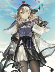  1girl animal_ears arknights black_gloves black_skirt blue_shirt brown_hair coat cow_ears cow_girl cow_horns flower flower_on_head fumi_(rdbm) gloves grey_eyes highres horns looking_at_viewer off-shoulder_coat off_shoulder pallas_(arknights) parted_lips rainbow red_flower shirt short_hair_with_long_locks skirt sky solo veil white_coat white_skirt 