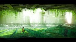  1girl animal backpack bag cat chooco_(chocoshi) grass green_theme highres nuclear_reactor original post-apocalypse scenery standing train walking 