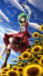  1girl alternate_eye_color arm_up ascot backlighting bangs bird blue_sky blurry boots breasts brown_boots closed_umbrella clouds collared_shirt colored_eyelashes day depth_of_field dutch_angle floating flower gradient_eyes green_hair highres holding holding_umbrella kazami_yuuka knee_boots knee_up long_legs long_sleeves looking_down maitake_(maitake1234) medium_breasts multicolored multicolored_eyes open_clothes open_mouth open_vest petals red_eyes red_pupils red_skirt red_vest shiny shiny_clothes shiny_hair shirt short_hair skirt skirt_set sky smile solo sunflower sunlight thighs touhou umbrella vest violet_eyes wind 