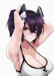  1girl armpits arms_behind_head arms_up bikini blush breasts cleavage collarbone eyepatch grey_background headgear highres kanihara_taraba kantai_collection large_breasts looking_at_viewer parted_lips purple_hair short_hair short_ponytail solo swimsuit tenryuu_(kantai_collection) tying_hair upper_body yellow_eyes 