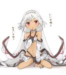  1girl :o altera_(fate) bangs black_nails breasts eyebrows_visible_through_hair fate/extella fate/extra fate_(series) finger_to_chin hand_up highres ito_(silk9f) long_hair looking_at_viewer midriff nail_polish navel open_mouth red_eyes simple_background sitting small_breasts solo tan very_long_hair wariza white_background 