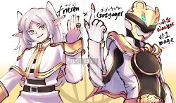  1girl armor belt_buckle black_bodysuit bodysuit buckle capelet character_name copyright_name elf frieren green_eyes grey_hair helmet highres long_hair no.1_sentai_gozyuger pointy_ears saikekuu sentai_ring shirt skirt sousou_no_frieren super_sentai tokusatsu twintails twitter_username two-tone_bodysuit upper_body white_armor white_bodysuit white_capelet white_helmet white_shirt white_skirt 
