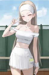  1girl absurdres ball bare_shoulders blonde_hair blush collarbone crop_top highres holding holding_racket holding_tennis_racket laneigu long_hair looking_at_viewer midriff mole mole_on_cheek original racket smile sportswear sweatband tennis tennis_ball tennis_court tennis_net tennis_racket tennis_skirt tennis_uniform v very_long_hair yellow_eyes 