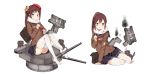  1girl absurdres battleship_girl beret blue_eyes blush boqboq brown_hair cat hat highres looking_at_viewer multiple_views original school_uniform serafuku smile thigh-highs torn_clothes torn_thighhighs 