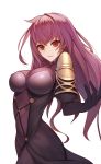  1girl ban_bu_bu_duou bodysuit breasts cowboy_shot eyebrows_visible_through_hair eyelashes fate/grand_order fate_(series) hand_up highres large_breasts long_hair looking_at_viewer panties parted_lips pauldrons purple_bodysuit purple_hair red_eyes scathach_(fate/grand_order) see-through simple_background solo underwear white_background 
