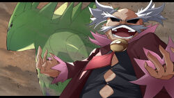  1boy absurdres balding black_sclera black_shirt closed_mouth colored_sclera evice_(pokemon) evil_smile facial_hair grey_hair highres jacket long_sleeves male_focus mustache necktie no_pupils old old_man open_clothes open_jacket open_mouth pokemon pokemon_(creature) pokemon_colosseum red_jacket red_necktie sandstorm shirt short_hair smile spoilers teeth tyranitar upper_body v-shaped_eyebrows v-shaped_eyes zeroartwo 