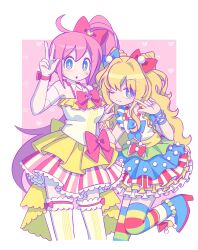  2girls :3 absurdres alternate_costume ankle_boots anklet blonde_hair blue_eyes boots coattails cone_hair_bun cropped_legs hair_bun hand_up high_heel_boots high_heels high_ponytail highres index_finger_raised jewelry lau_(laustar30) layered_skirt long_hair looking_at_viewer multicolored_skirt multicolored_thighhighs multiple_girls necklace one_eye_closed pink_hair pleated_skirt polka_dot polka_dot_skirt ponytail seeu skirt sleeveless smile standing striped_clothes striped_skirt striped_thighhighs tank_top thigh-highs uni_(vocaloid) vocaloid white_background white_thighhighs wrist_cuffs 