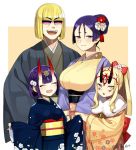  1boy 3girls blonde_hair blush breasts fate/grand_order fate_(series) horns ibaraki_douji_(fate/grand_order) japanese_clothes kana kimono large_breasts long_hair looking_at_viewer minamoto_no_raikou_(fate/grand_order) multiple_girls oni oni_horns open_mouth purple_hair sakata_kintoki_(fate/grand_order) short_hair shuten_douji_(fate/grand_order) smile sunglasses very_long_hair violet_eyes 