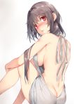  1girl back backless_outfit bangs bare_back bare_shoulders blush breasts butt_crack dimples_of_venus drawstring dress eyebrows_visible_through_hair grey_hair grey_sweater hair_between_eyes halterneck knees_up konomi_(yatsu) large_breasts legs_apart long_hair looking_at_viewer looking_back naked_sweater nose_blush open-back_dress original parted_lips red_eyes ribbed_sweater sideboob simple_background sitting solo sweater sweater_dress turtleneck turtleneck_sweater virgin_killer_sweater white_background yatsu_(sasuraino) 