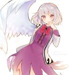  1girl 2017 bow bowtie brooch contrapposto cowboy_shot dated dress feathered_wings hair_between_eyes jacket jewelry kishin_sagume leaning_to_the_side long_sleeves looking_at_viewer mugicha_(mugicha0929) open_mouth purple_dress red_bow red_bowtie red_eyes short_dress short_hair silver_hair single_wing solo thighs touhou twitter_username white_background white_jacket white_wings wings 