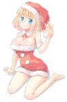  1girl alice_margatroid arm_support arnest bangs bare_arms bare_legs bare_shoulders barefoot blonde_hair blue_eyes breasts cleavage detached_collar dress full_body hand_up hat large_breasts looking_at_viewer pom_pom_(clothes) red_dress red_hat santa_costume santa_hat simple_background sitting smile solo touhou waving white_background 