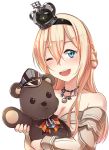  1girl :d anchor blonde_hair blue_eyes braid circle_cut crown dress french_braid german_flag hairband hat ido_(teketeke) jewelry kantai_collection long_hair mini_crown necklace off-shoulder_dress off_shoulder one_eye_closed open_mouth peaked_cap smile solo stuffed_animal stuffed_toy teddy_bear twitter_username upper_body warspite_(kantai_collection) white_background white_dress 