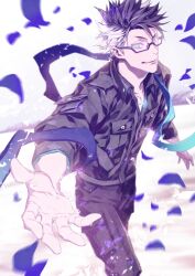  1boy black-framed_eyewear black_hair black_pants black_shirt blue_eyes blue_petals blue_sash closed_mouth collared_shirt cowboy_shot fate/grand_order fate_(series) hand_up long_sleeves male_focus miwa_shirow multicolored_hair offering_hand official_art pants pocket sash semi-rimless_eyewear shirt short_hair sigurd_(fate) sigurd_(memories_with_my_lover)_(fate) smile solo spiky_hair third-party_source two-tone_hair under-rim_eyewear white_background white_hair 