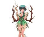  1girl closed_eyes dragon_providence dress dryad flower green_dress hair_flower hair_ornament monster_girl navel official_art open_mouth plant pointy_ears short_hair smile solo staff standing vines 