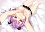  1girl armpits blush clenched_teeth commentary_request fate/grand_order fate_(series) flat_chest foreshortening helena_blavatsky_(fate/grand_order) kinnrui looking_at_viewer lying on_back purple_hair short_hair solo tears teeth upside-down violet_eyes 