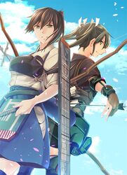  2girls arrow bow_(weapon) brown_hair camouflage clouds cowboy_shot flight_deck gloves green_hair grey_hair hair_between_eyes hair_ribbon hakama_skirt japanese_clothes kaga_(kantai_collection) kantai_collection kimono long_hair looking_at_viewer machinery multiple_girls muneate partly_fingerless_gloves petals remodel_(kantai_collection) ribbon side_ponytail sky smile sora_(sky_s04) tasuki thigh-highs twintails weapon white_ribbon yugake zettai_ryouiki zuikaku_(kantai_collection) 