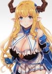  &gt;:) 1girl armor armored_dress arms_at_sides bangs bare_shoulders blonde_hair blue_eyes blush breasts cleavage closed_mouth cowboy_shot curly_hair detached_collar eyebrows_visible_through_hair faulds frills gauntlets granblue_fantasy horn_ornament horns large_breasts long_hair looking_at_viewer moshoko_(mizuneroku) pleated_skirt pointy_ears razia shiny shiny_hair shiny_skin simple_background skindentation skirt smile solo strapless very_long_hair white_background 