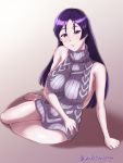 1girl arm_at_side arm_support backless_outfit bare_shoulders barefoot breasts closed_mouth dress fate/grand_order fate_(series) full_body halterneck large_breasts long_hair looking_at_viewer minamoto_no_raikou_(fate/grand_order) naked_sweater no_bra no_panties no_underwear open-back_dress purple_dress purple_hair purple_sweater ribbed_sweater sideboob sitting sleeveless sleeveless_turtleneck smile solo sweater sweater_dress turtleneck turtleneck_sweater twitter_username violet_eyes virgin_killer_sweater yokozuwari yukito_kitto 