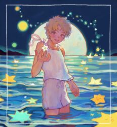  1boy blonde_hair border commentary_request cowboy_shot full_moon highres holding looking_at_viewer male_focus moon night night_sky ocean open_mouth original outdoors shirt short_hair shorts sky sleeveless smile solo standing star_(symbol) wading water wet white_shirt ya0n0524 yellow_eyes 