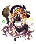  1girl :d absurdres apron baba_(baba_seimaijo) black_dress black_shoes blonde_hair blush bobby_socks bow braid broom broom_riding dress frilled_dress frills full_body hair_bow hat hat_bow highres kirisame_marisa long_hair looking_at_viewer mary_janes open_mouth petticoat red_bow shoes side_braid simple_background smile socks solo star tachi-e touhou transparent_background waist_apron white_bow white_legwear witch_hat yellow_eyes 