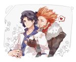  2boys black_hair closed_eyes facial_hair fingerless_gloves fleur-de-lis_(pokemon) formal gloves hand_holding heart highres labcoat multiple_boys necktie platane_(pokemon) pokemon pokemon_(game) pokemon_xy redhead short_hair smile suit yaoi 