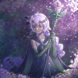  1girl braid calla_lily cape closed_mouth cookie_run cookie_run:_kingdom dress flower gloves green_cape green_dress green_gloves hair_flower hair_ornament holding holding_staff humanization i_(taiyo_1710) lily_(flower) long_hair looking_at_viewer red_eyes solo staff very_long_hair white_flower white_hair white_lily white_lily_cookie wrist_wrap 