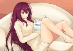  1girl bangs barefoot book breasts closed_mouth couch dress eyebrows_visible_through_hair fate/grand_order fate_(series) hair_between_eyes highres holding holding_book indoors ito_(silk9f) knees_up large_breasts light_smile long_hair on_couch open_book purple_hair reading red_eyes ribbed_sweater scathach_(fate/grand_order) sitting solo sweater sweater_dress turtleneck turtleneck_sweater 