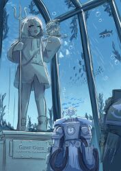  2boys armor burlyswing carcharodons claw_(weapon) english_text fish gawr_gura highres hololive hololive_english hood hoodie marneus_calgar multiple_boys polearm power_armor shark sharp_teeth shoes short_hair statue teeth trident tyberos_the_red_wake ultramarines underwater warhammer_40k weapon 