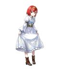 1girl boots dress fire_emblem fire_emblem:_mystery_of_the_emblem fire_emblem_heroes full_body hairband highres jewelry kaya8 maria_(fire_emblem) necklace official_art red_eyes redhead solo transparent_background white_dress 