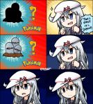  1girl :d :o ? artist_name blue_eyes depressed english flat_cap hammer_and_sickle hat hat_ornament hibiki_(kantai_collection) kantai_collection long_hair open_mouth parody pokemon raythalosm sad school_uniform silver_hair smile sparkle star surprised tombstone twitter_username verniy_(kantai_collection) white_hat 