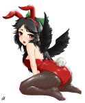  1girl alternate_costume animal_ears bare_arms bare_shoulders bird_wings black_hair blush bunny_tail bunnysuit fake_animal_ears feathered_wings fishnet_pantyhose fishnets hair_ribbon hc97_(dlaghcjf123) highres kneeling long_hair looking_at_viewer looking_back no_shoes open_mouth pantyhose rabbit_ears red_eyes reiuji_utsuho ribbon signature simple_background solo tail tongue tongue_out touhou unmoving_pattern white_background wings 