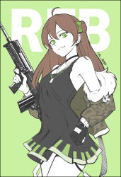 1girl battle_rifle black_choker black_dress black_gloves bow brown_hair bullpup cal_(pmgdd) camouflage camouflage_jacket character_name choker closed_mouth commentary_request cowboy_shot dog_tags dress finger_on_trigger fingerless_gloves fur-trimmed_jacket fur_trim girls_frontline gloves green_bow green_jacket gun hair_bow holding holding_gun holding_weapon jacket kel-tec_rfb long_hair looking_at_viewer off_shoulder open_clothes open_jacket rfb_(girls'_frontline) rifle single_glove smile solo weapon weapon_name 