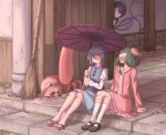  4girls animal_ears asymmetrical_wings black_hair blue_eyes blue_hair blue_skirt blue_vest broom closed_eyes column commentary dog_ears dress frills fur futatsuiwa_mamizou futatsuiwa_mamizou_(tanuki) gate geta glasses green_hair heterochromia houjuu_nue juliet_sleeves karakasa_obake kasodani_kyouko kneehighs laughing leaf long_sleeves mary_janes mefomefo multiple_girls no_socks outdoors pillar pink_dress puffy_sleeves raccoon_ears raccoon_tail red_eyes round_teeth shoes short_hair sitting skirt skirt_set sleeping stairs tail tanuki tatara_kogasa teeth tongue touhou umbrella vest wings 