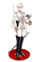  1girl absurdres army bird black_boots boots breasts carpet cavalry cavalry_helmet chin_strap clenched_teeth crown cuffs double-headed_eagle eagle epaulettes full_body gloves gold_helmet golden_hilt green_eyes green_hair grin hair_between_eyes helmet high_collar highres holding holding_helmet holding_sword holding_weapon holster imperial_russian_army insignia jacket katyusha_(98269886) lanyard long_sleeves looking_at_viewer medium_breasts military military_uniform mole mole_under_eye original pants red_carpet riding_outfit russia russian_empire russian_text saber_(weapon) sash scabbard sheath short_hair sleeve_cuffs smile solo standing sword sword_knot teeth thigh_boots waist_sash weapon white_background white_gloves white_jacket white_pants white_sash white_sleeve_cuffs world_war_i 