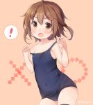 ! &gt;:o 1girl :o ahoge black_legwear blush breasts brown_hair chiyingzai covered_navel fang hair_ornament hairclip ikazuchi_(kantai_collection) kantai_collection looking_at_viewer one-piece_swimsuit school_swimsuit short_hair simple_background small_breasts solo spoken_exclamation_mark strap_slip swimsuit thigh-highs 